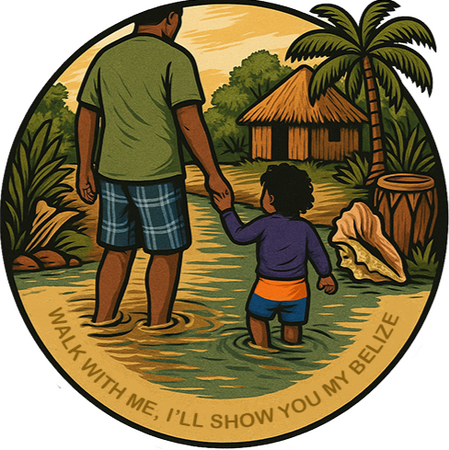 Belize with Alvin logo of him and his son holding hands Belize with Alvin logo of him and his son holding hands